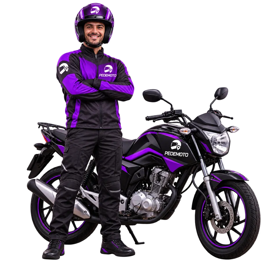 Mototaxista da PEDEMOTO de braços cruzados ao lado da moto