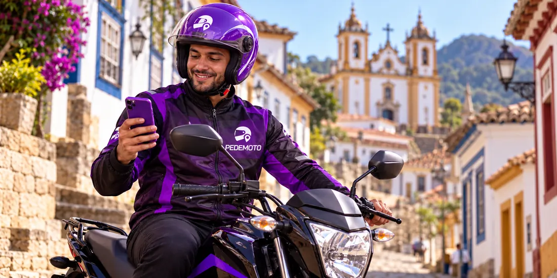 Mototaxista da PEDEMOTO consultando o celular numa rua histórica