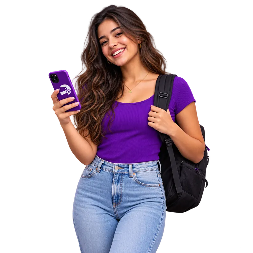 Estudante sorrindo com o celular na mão e mochila