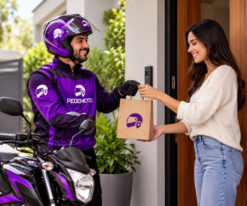 Mototaxista entregando uma sacola para a cliente