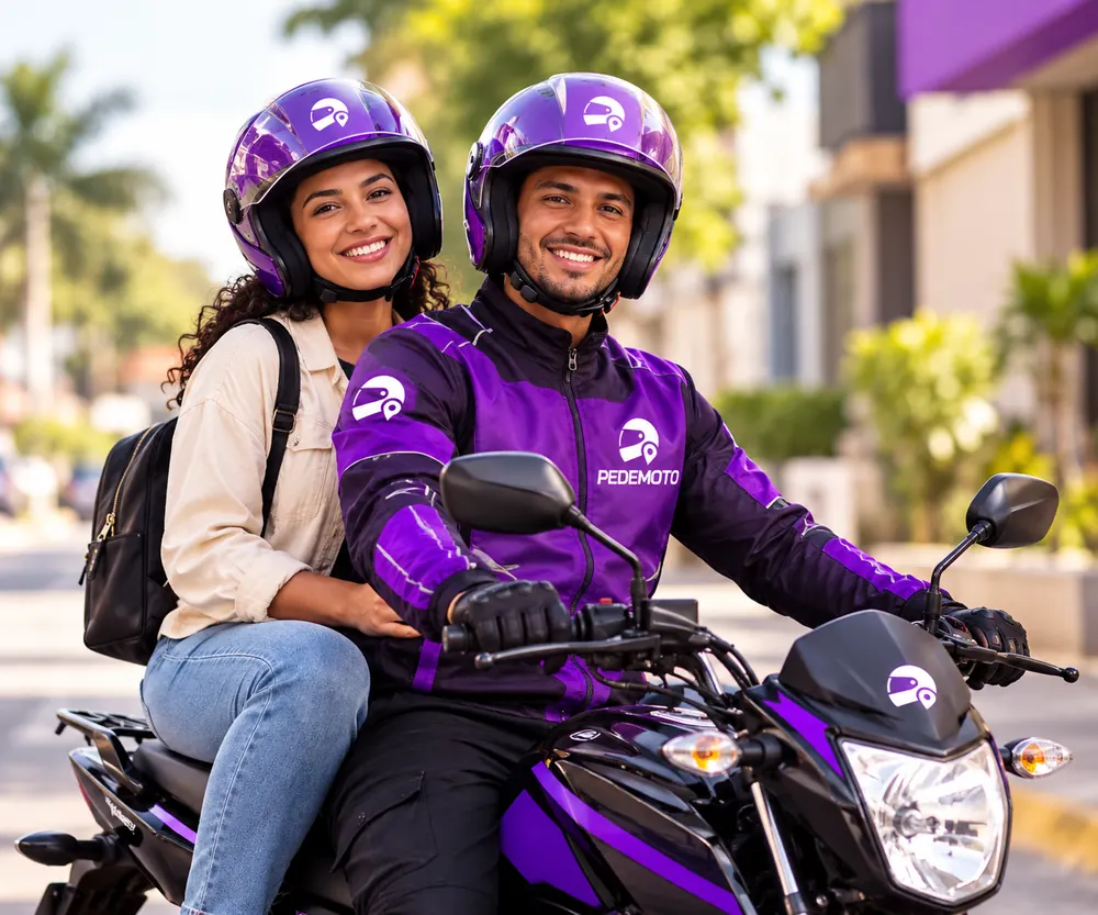 Mototaxista e passageira de capacete na moto